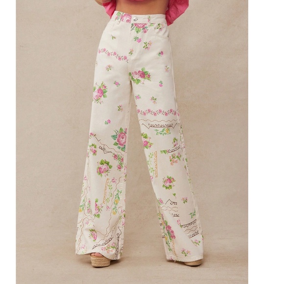 Boho Floral Print Cottage Core Straight leg Denim Jeans - Picture 4 of 5